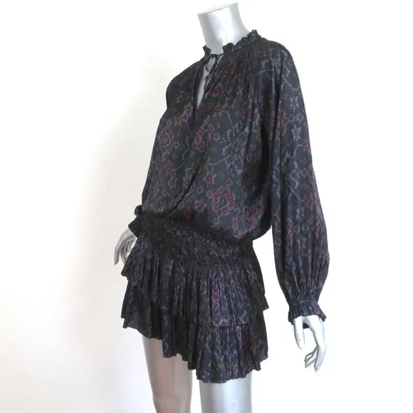 ULLA JOHNSON MINI DRESS PIERA CHARCOAL PRINTED PLEATED SATIN SIZE 2 LONG SLEEVE - Picture 4 of 8